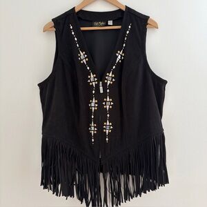 Bob Mackie Vest Womens 1X Black Fringe Front Zip Wearable Art Silver Gold accent